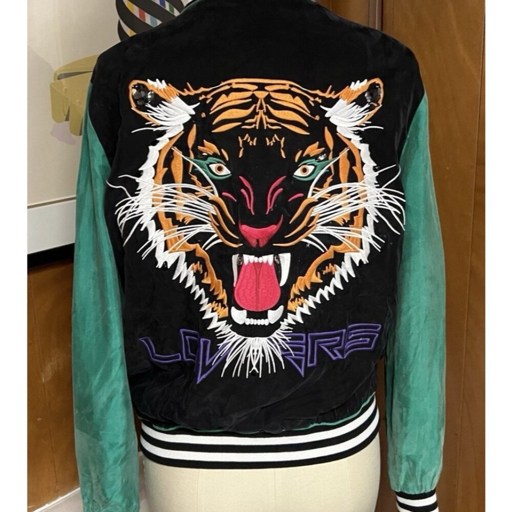 LOVERS + FRIENDS Tiger Embroidered Bomber satin Jacket Sz XS